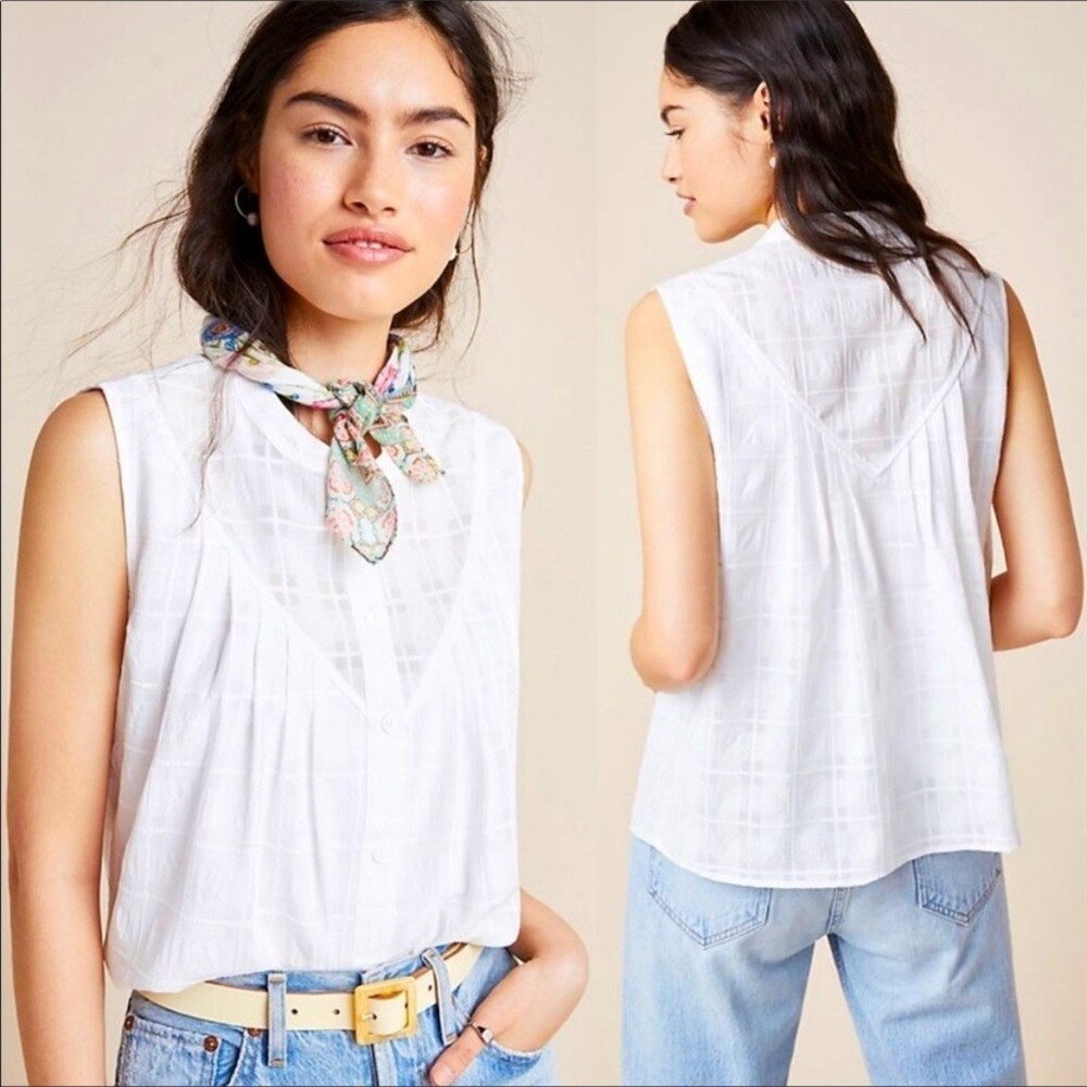NWT Anthropologie Current Air Piper Windowpane Tank Top White Medium - Picture 4 of 9
